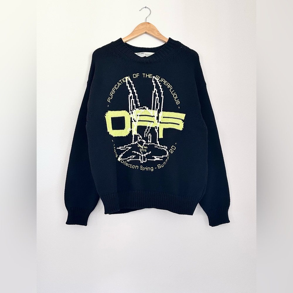 BRAND NEW OFF-WHITE INTARSIA KNIT SWEATER WITH HARRY THE BUNNY GRAPHIC